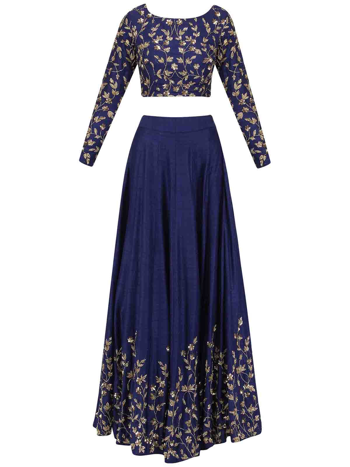 Dark Blue Art Silk Embroidered Semi Stitched Lehenga With Unstitched Blouse