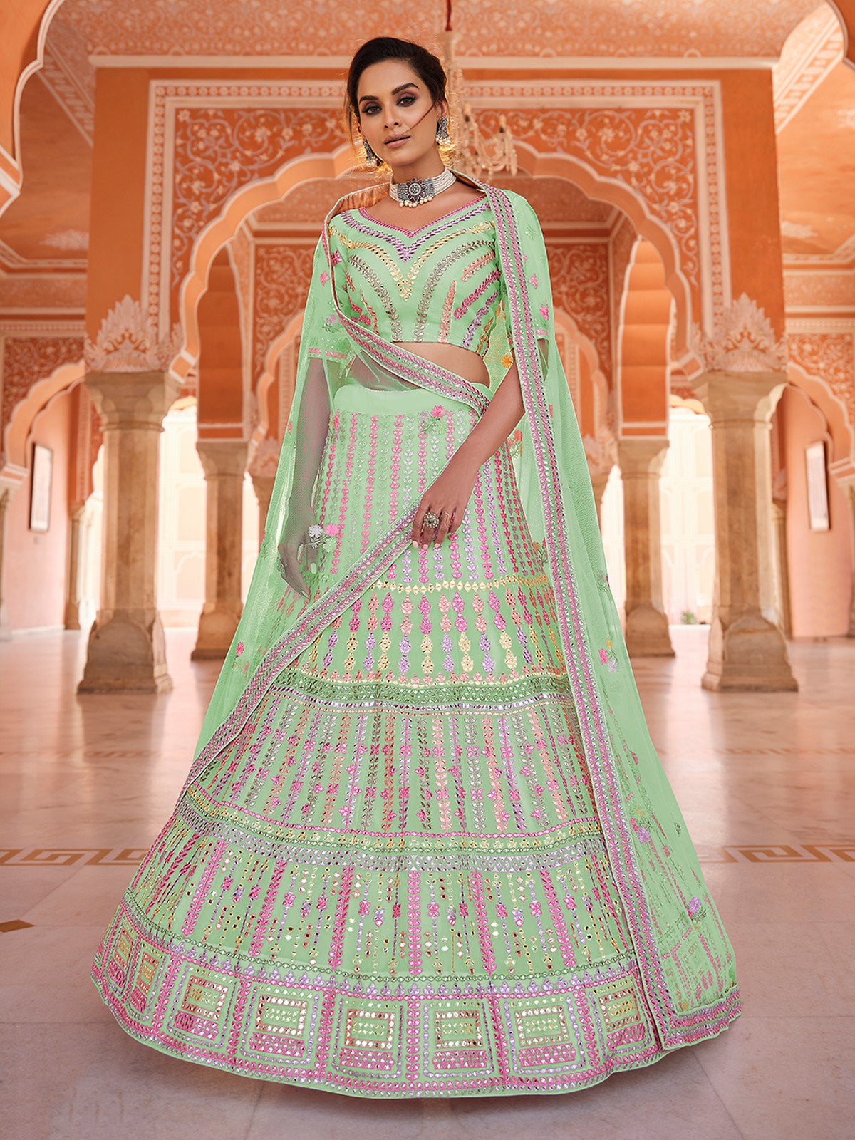 Green Embroidered Organza Semi Stitched Lehenga With Unstitched Blouse