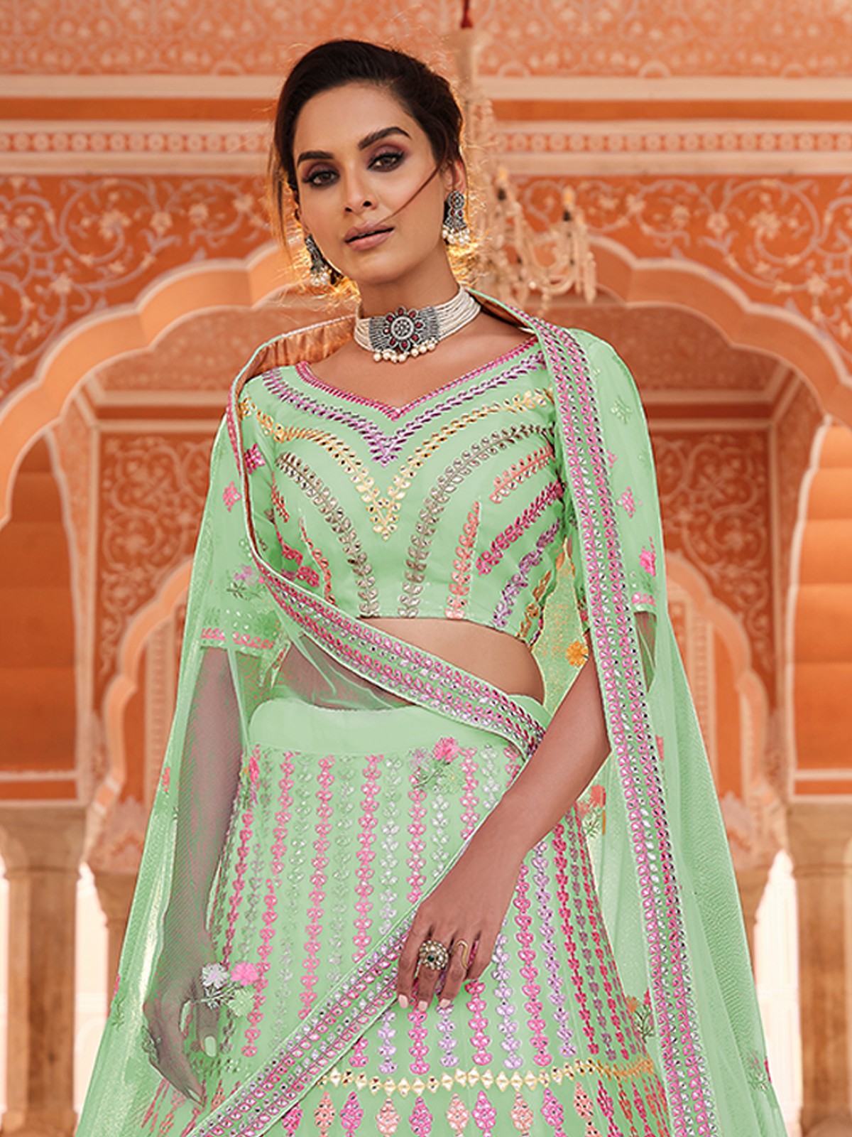 Green Embroidered Organza Semi Stitched Lehenga With Unstitched Blouse