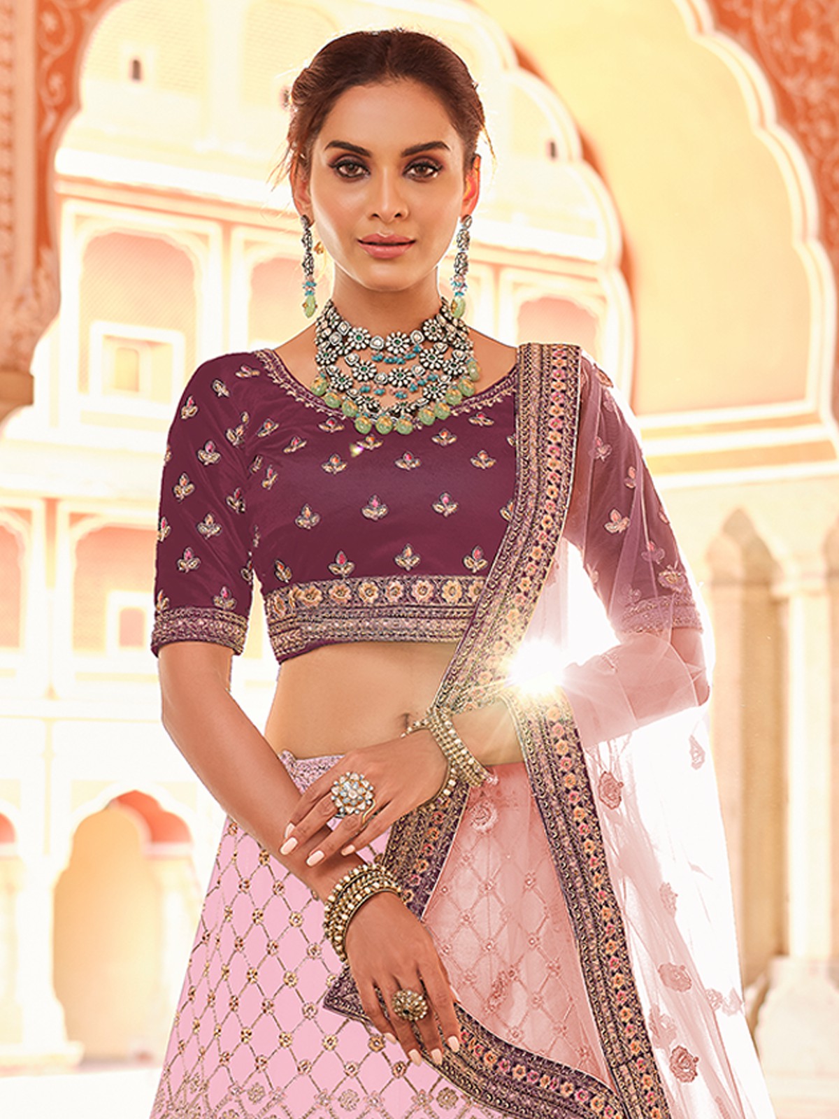 Purple Embroidered Velvet Semi Stitched Lehenga With Unstitched Blouse