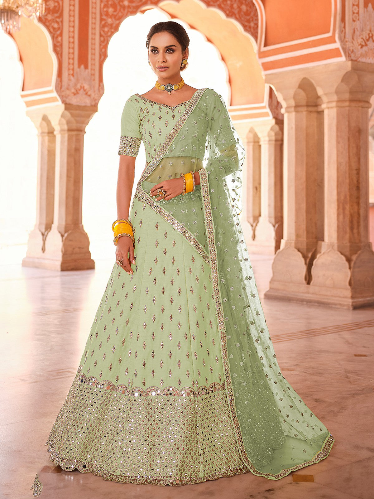 Green Embroidered Art Silk Semi Stitched Lehenga With Unstitched Blouse