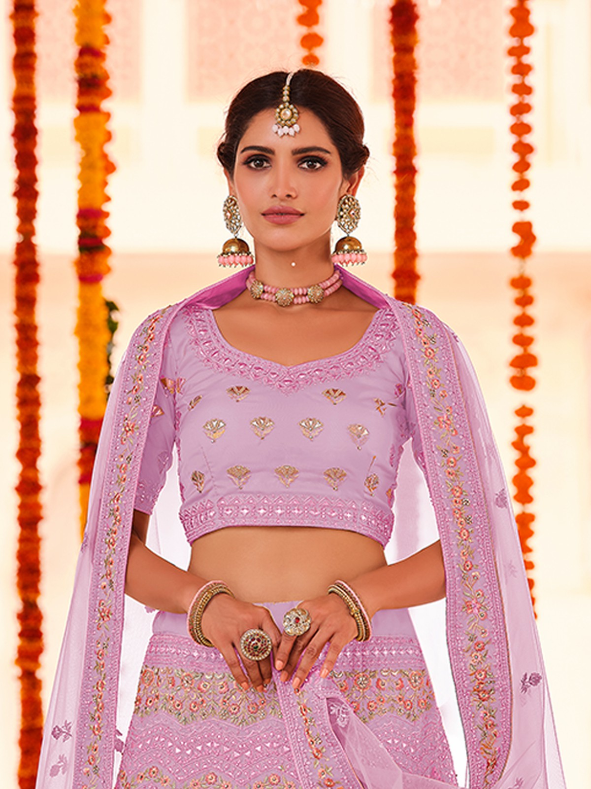 Purple Embroidered Organza Semi Stitched Lehenga With Unstitched Blouse