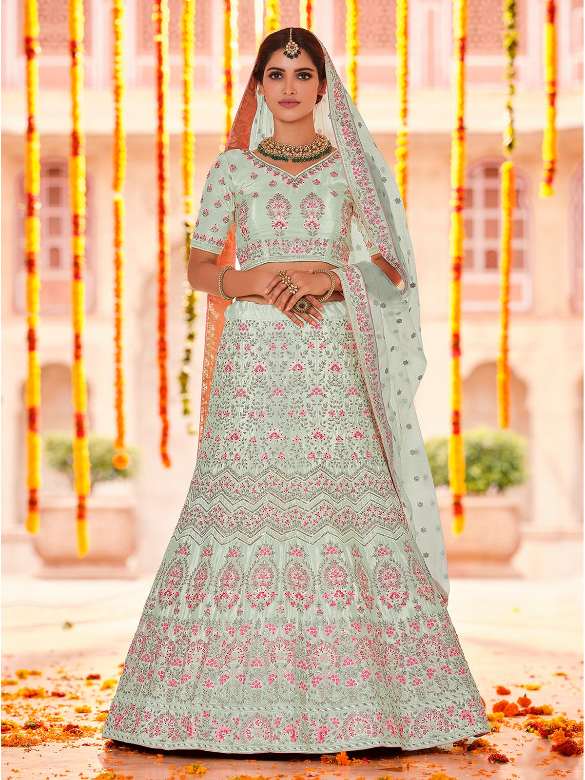 Green Crepe Semi Stitched Lehenga With Unstitched Blouse