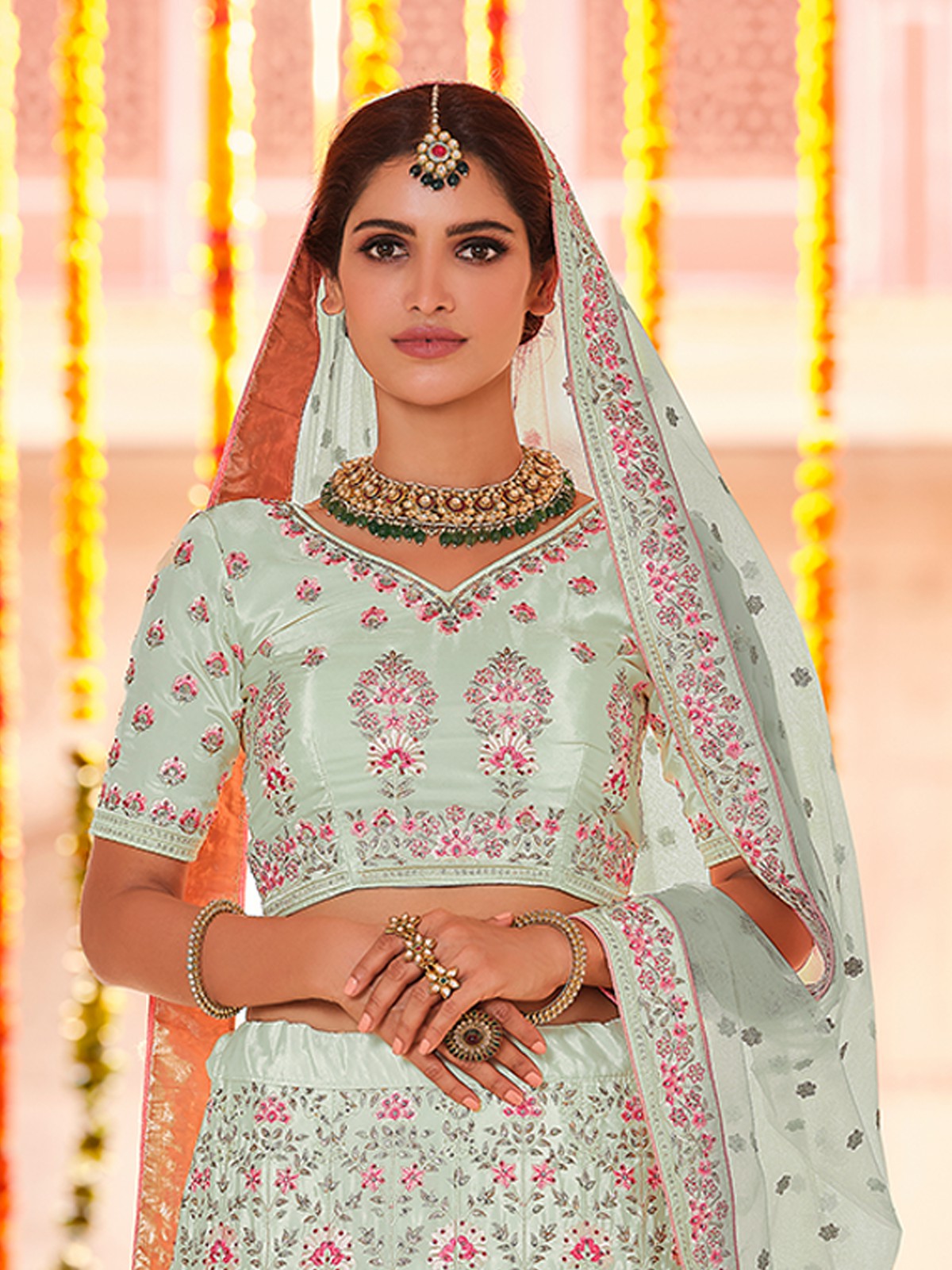 Green Crepe Semi Stitched Lehenga With Unstitched Blouse