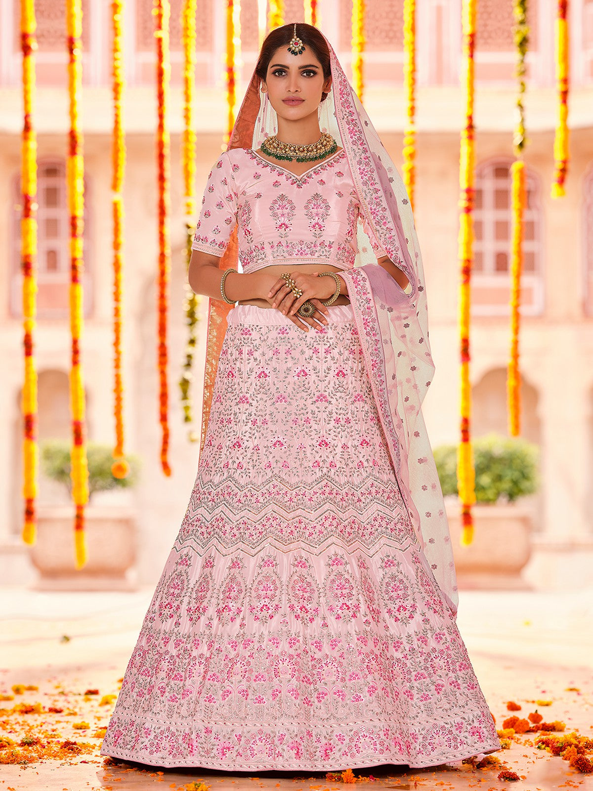 Pink Crepe Semi Stitched Lehenga With Unstitched Blouse