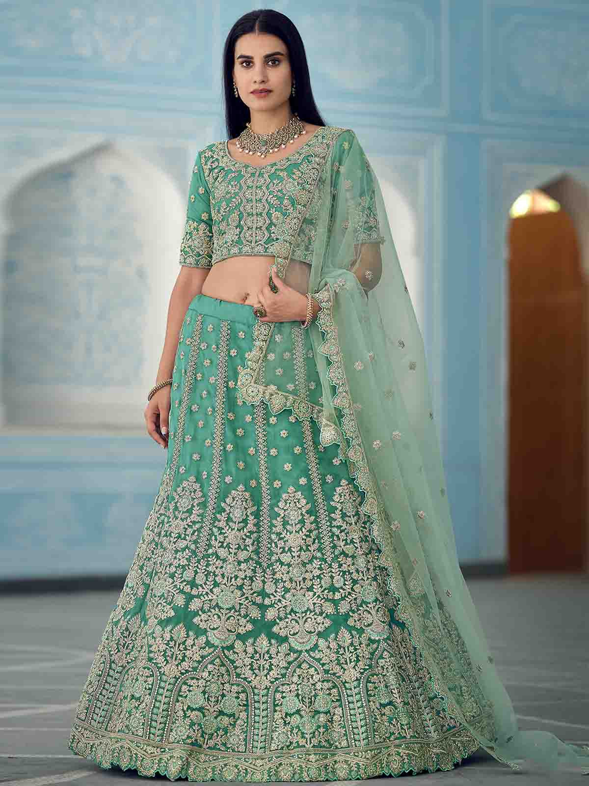 Green Sequins Sassy Semi Stitched Lehenga With Unstitched Blouse