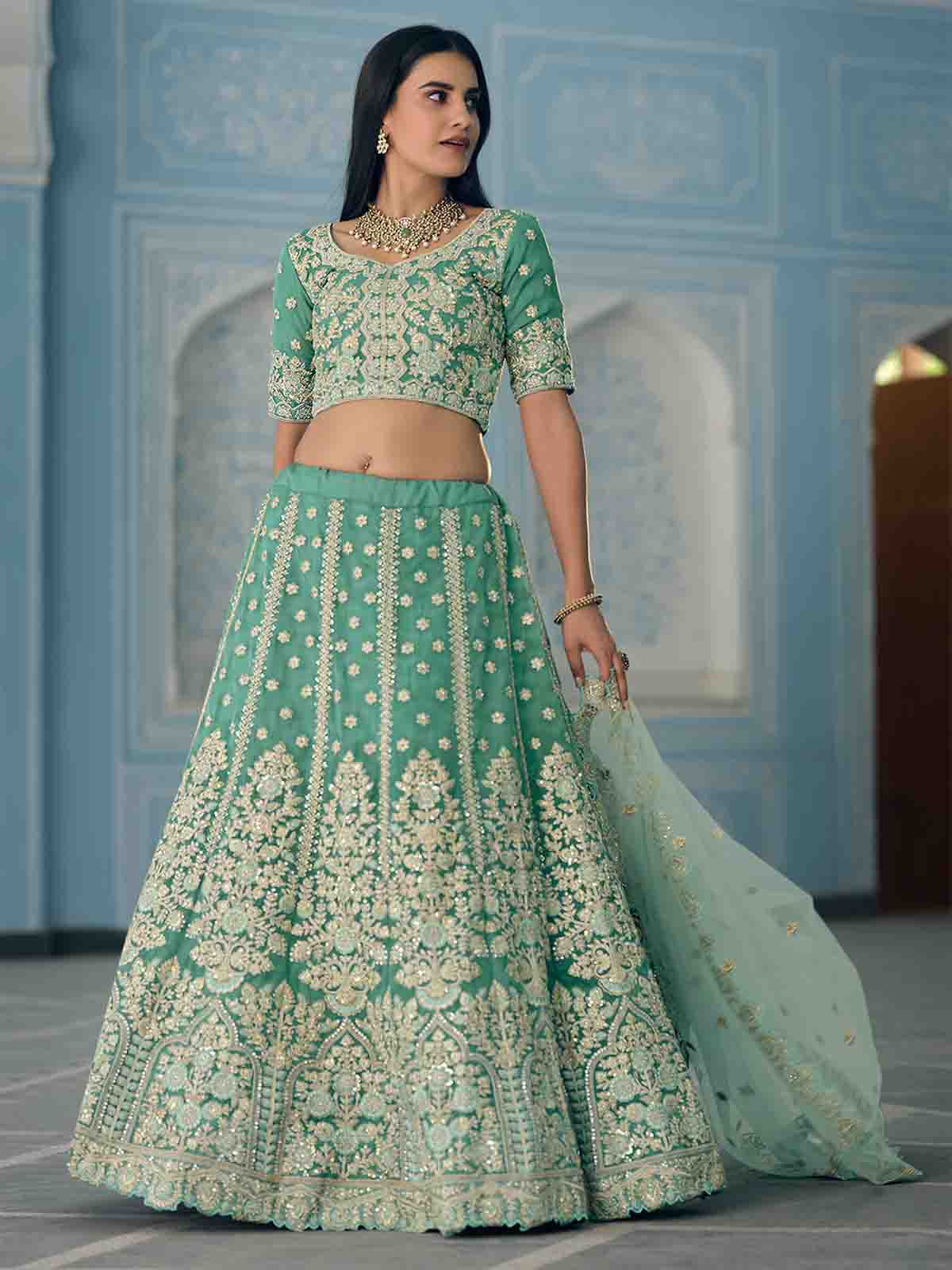 Green Sequins Sassy Semi Stitched Lehenga With Unstitched Blouse