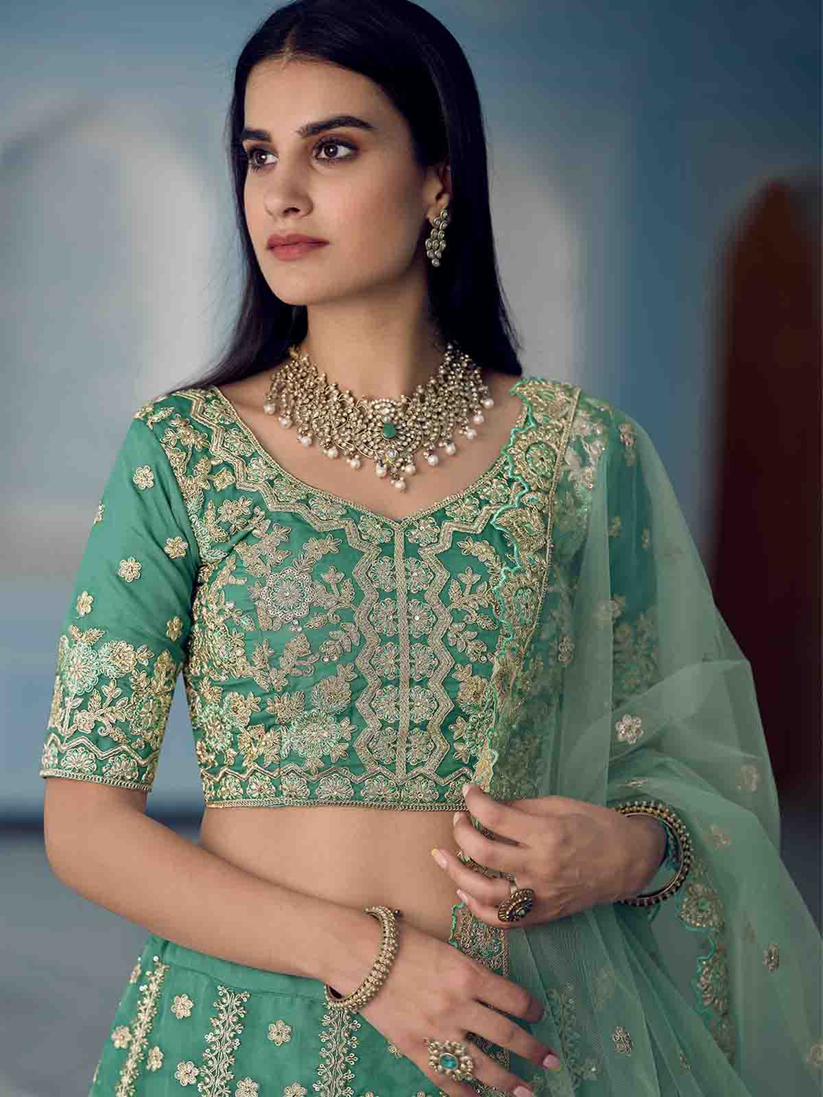 Green Sequins Sassy Semi Stitched Lehenga With Unstitched Blouse