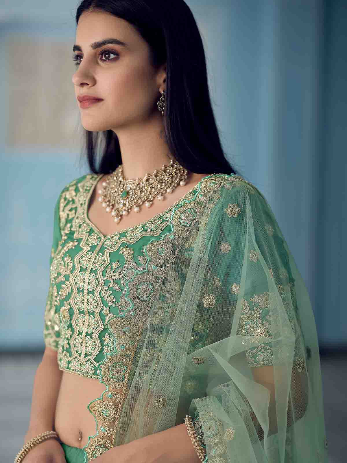 Green Sequins Sassy Semi Stitched Lehenga With Unstitched Blouse