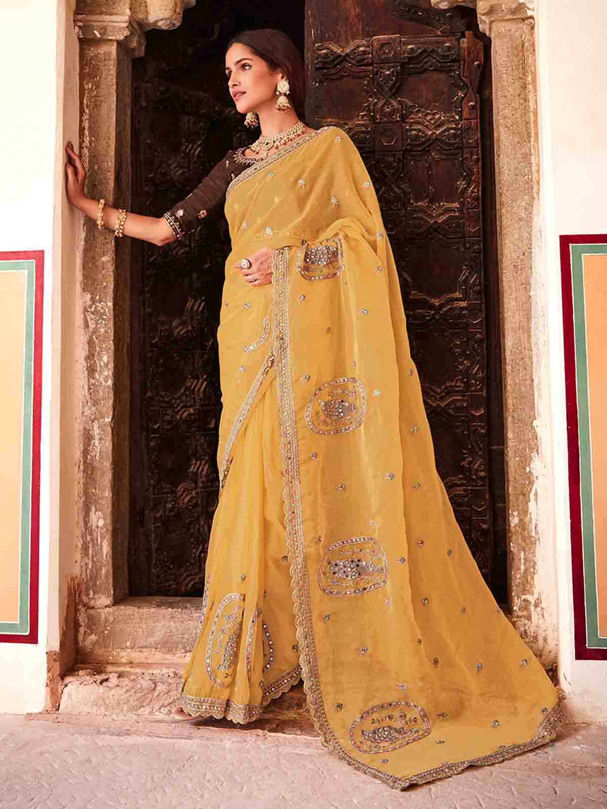 Yellow Organza Embroidered Saree With Unstitched Blouse