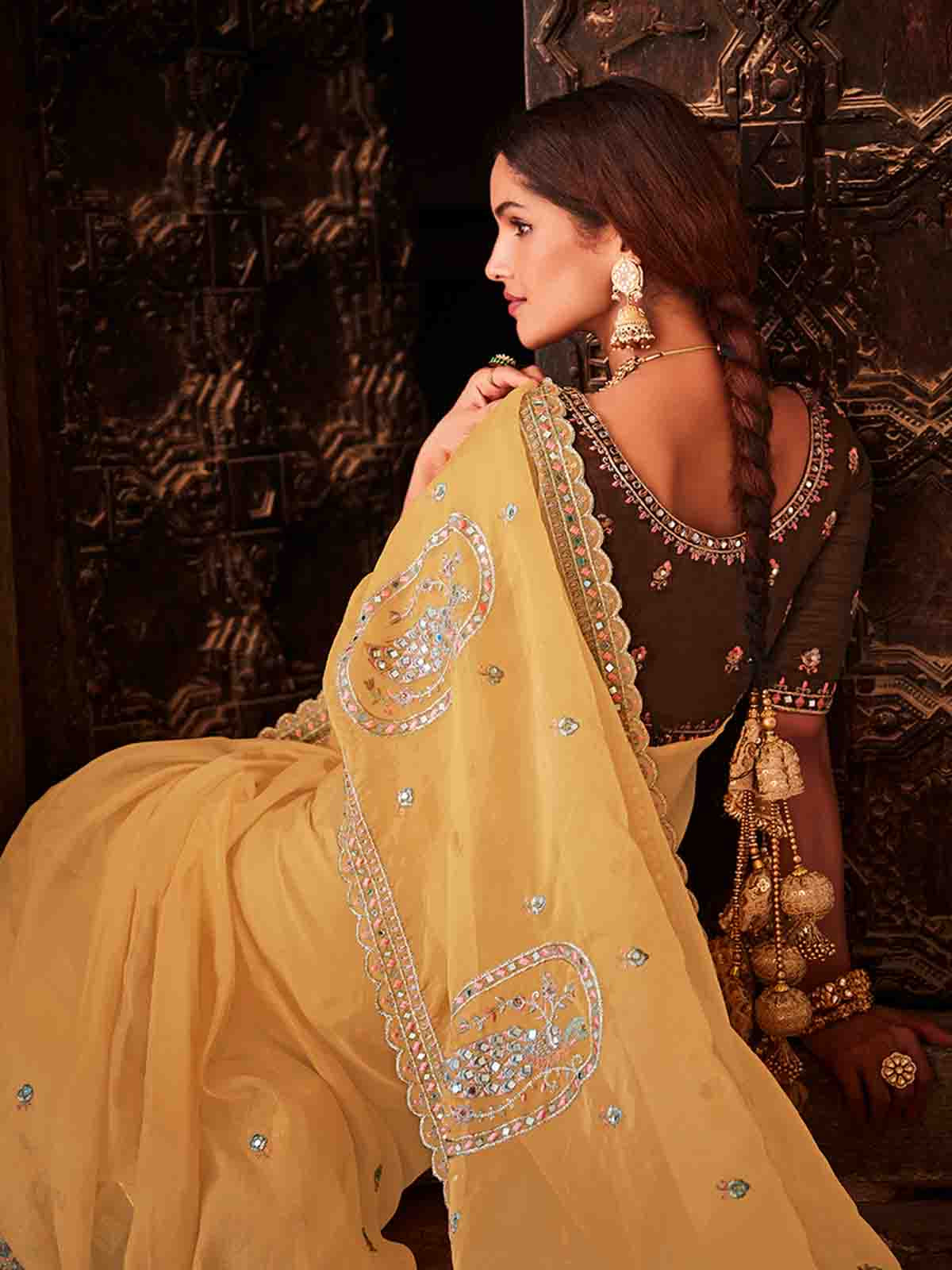 Yellow Organza Embroidered Saree With Unstitched Blouse