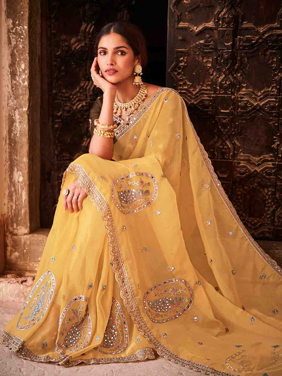 Yellow Organza Embroidered Saree With Unstitched Blouse