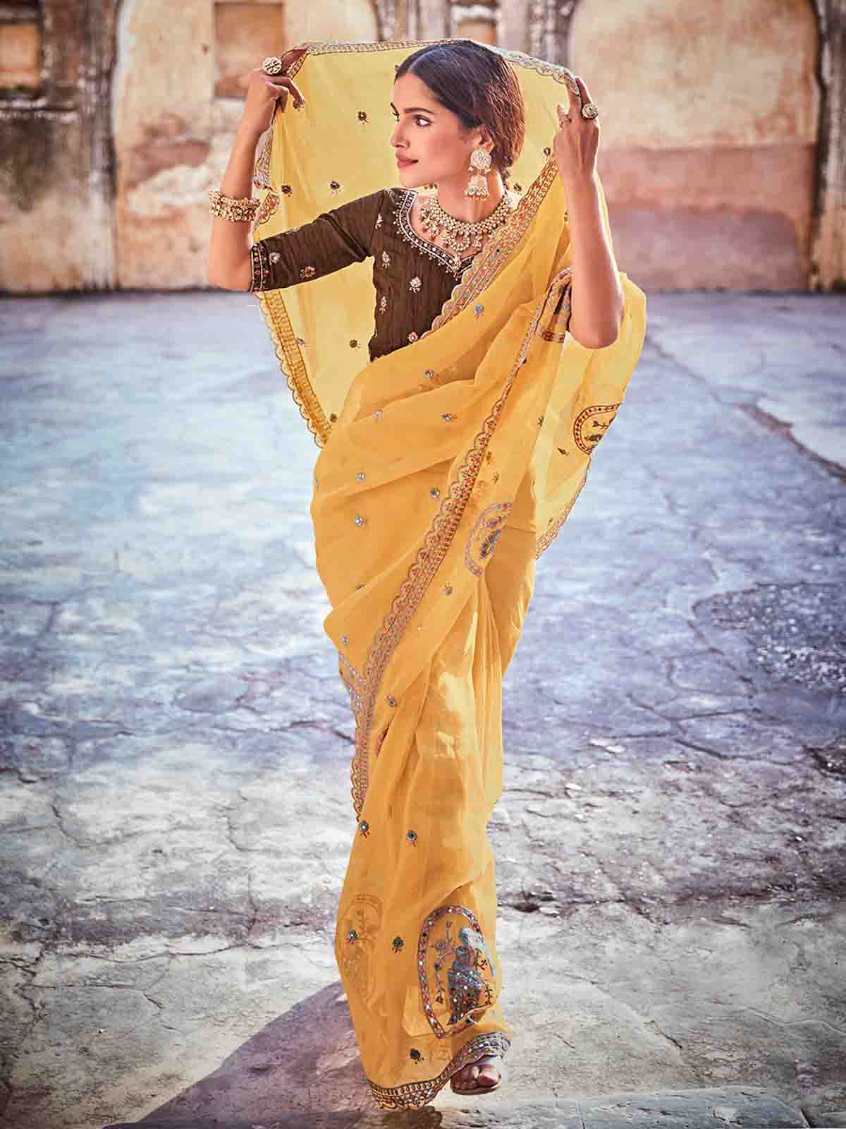 Yellow Organza Embroidered Saree With Unstitched Blouse