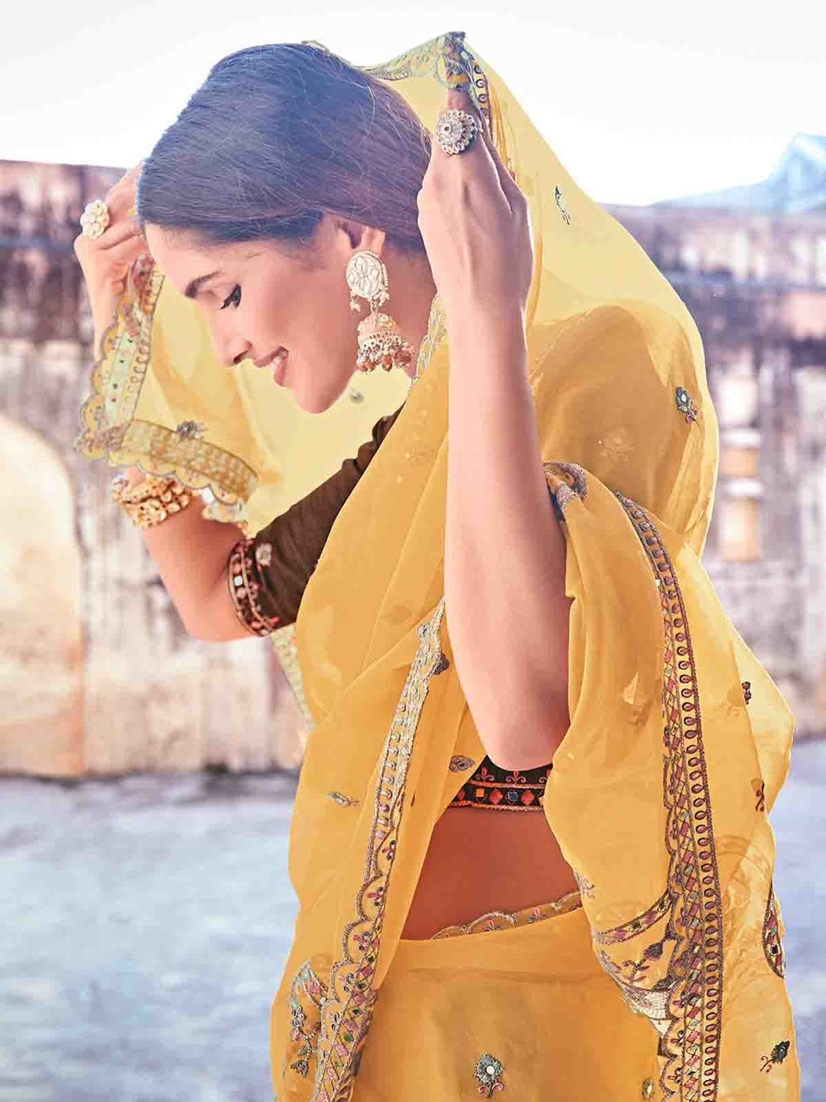 Yellow Organza Embroidered Saree With Unstitched Blouse