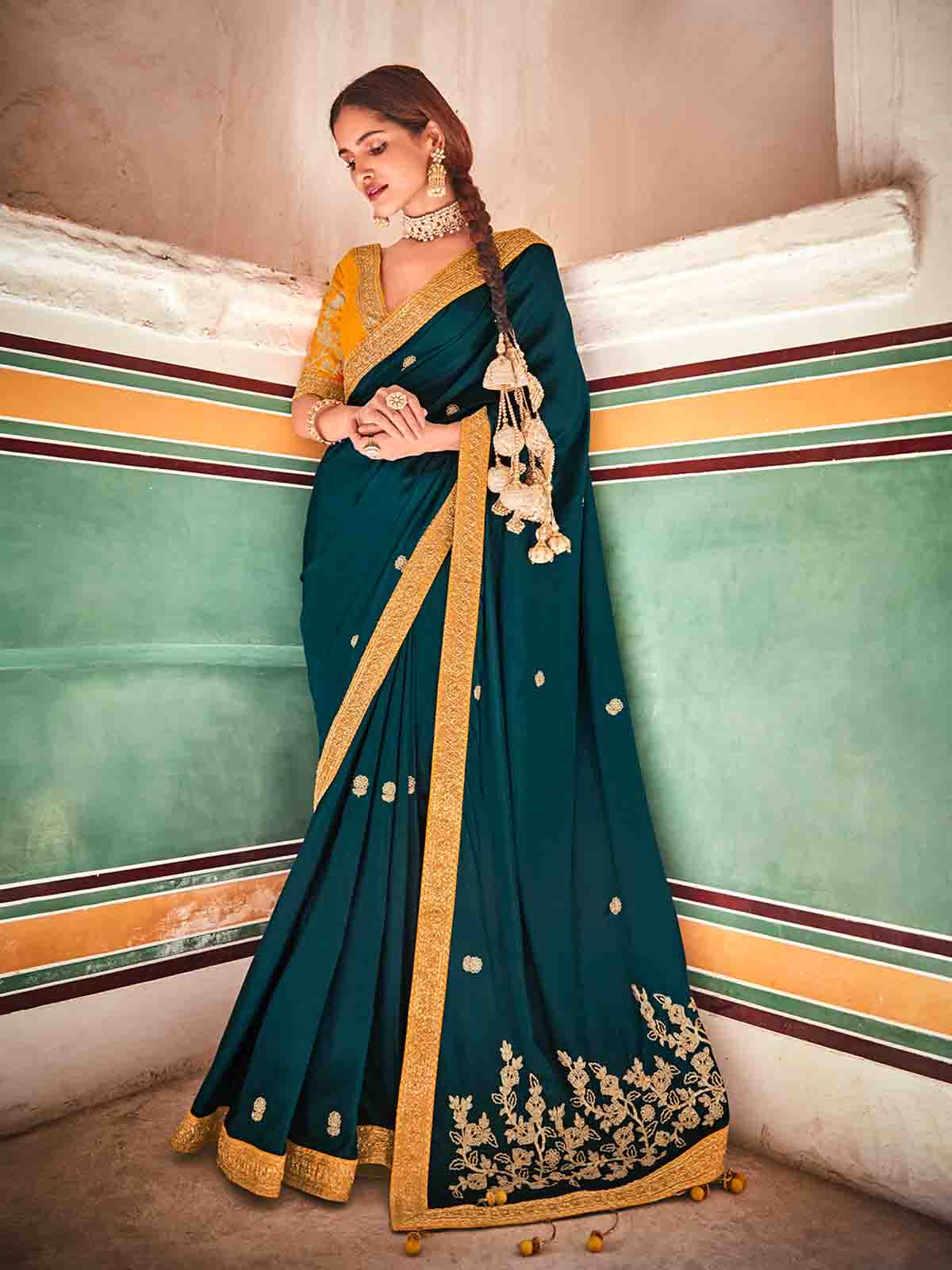 Teal Crepe Silk Embroidered Saree With Unstitched Blouse