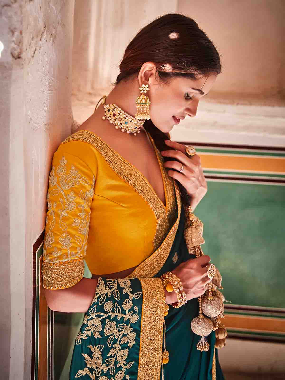 Teal Crepe Silk Embroidered Saree With Unstitched Blouse