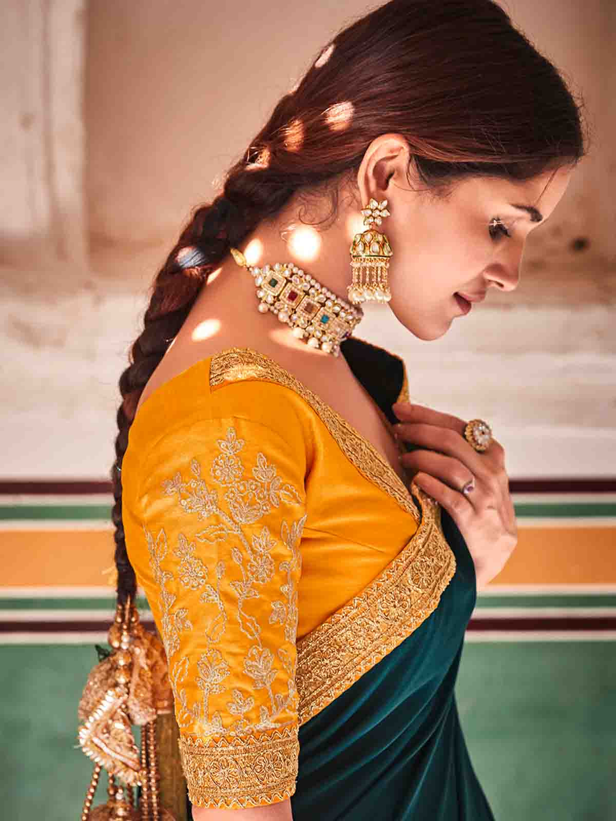 Teal Crepe Silk Embroidered Saree With Unstitched Blouse