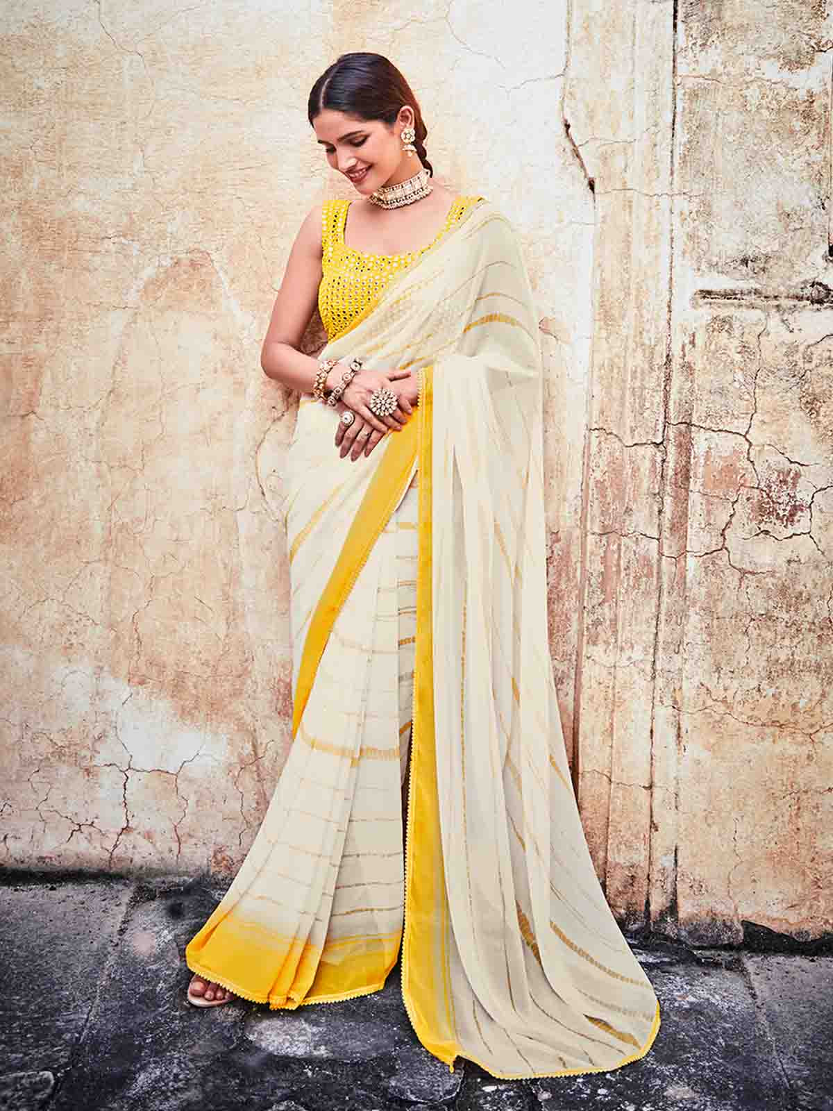 White Georgette Embroidered Saree With Unstitched Blouse