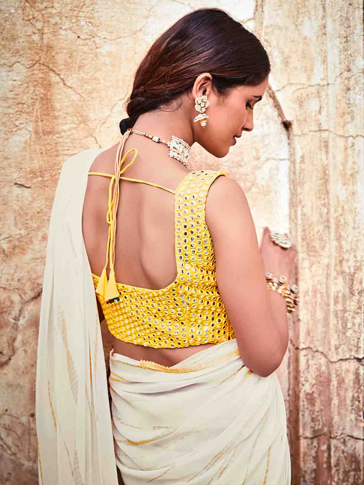 White Georgette Embroidered Saree With Unstitched Blouse
