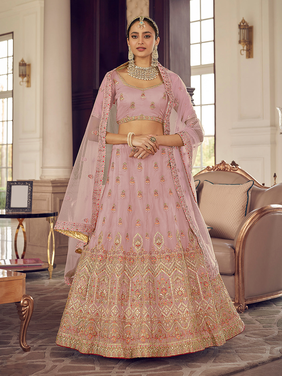 Pink Organza Semi Stitched Lehenga With Unstitched Blouse