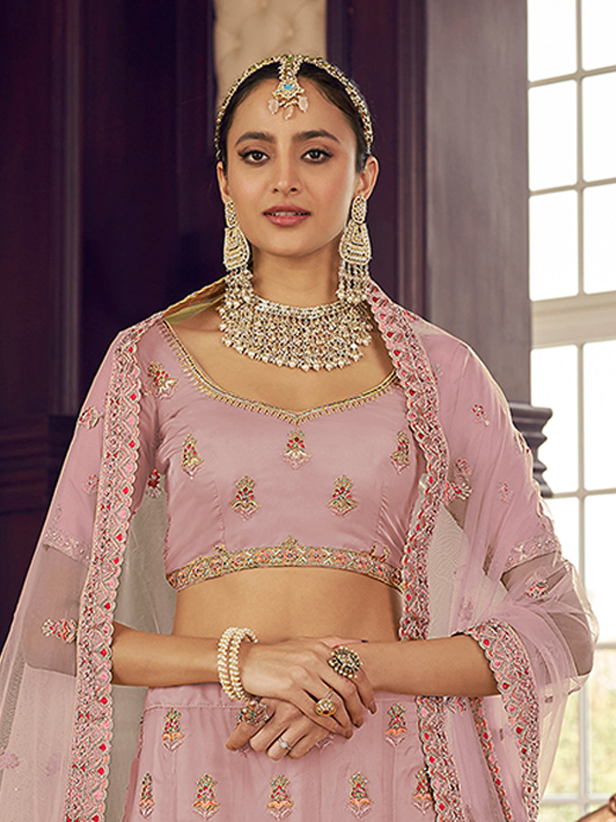 Pink Organza Semi Stitched Lehenga With Unstitched Blouse