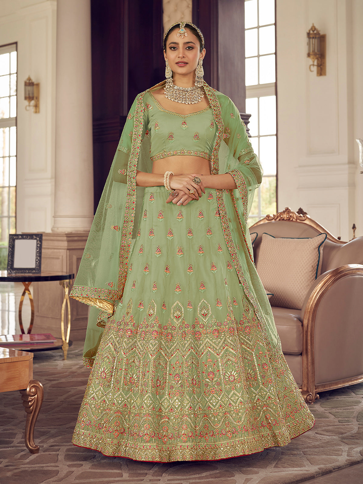 Green Organza Semi Stitched Lehenga With Unstitched Blouse