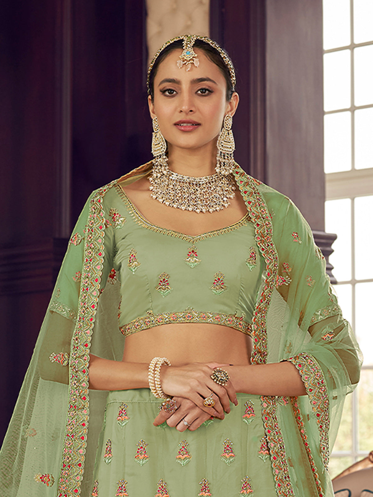 Green Organza Semi Stitched Lehenga With Unstitched Blouse