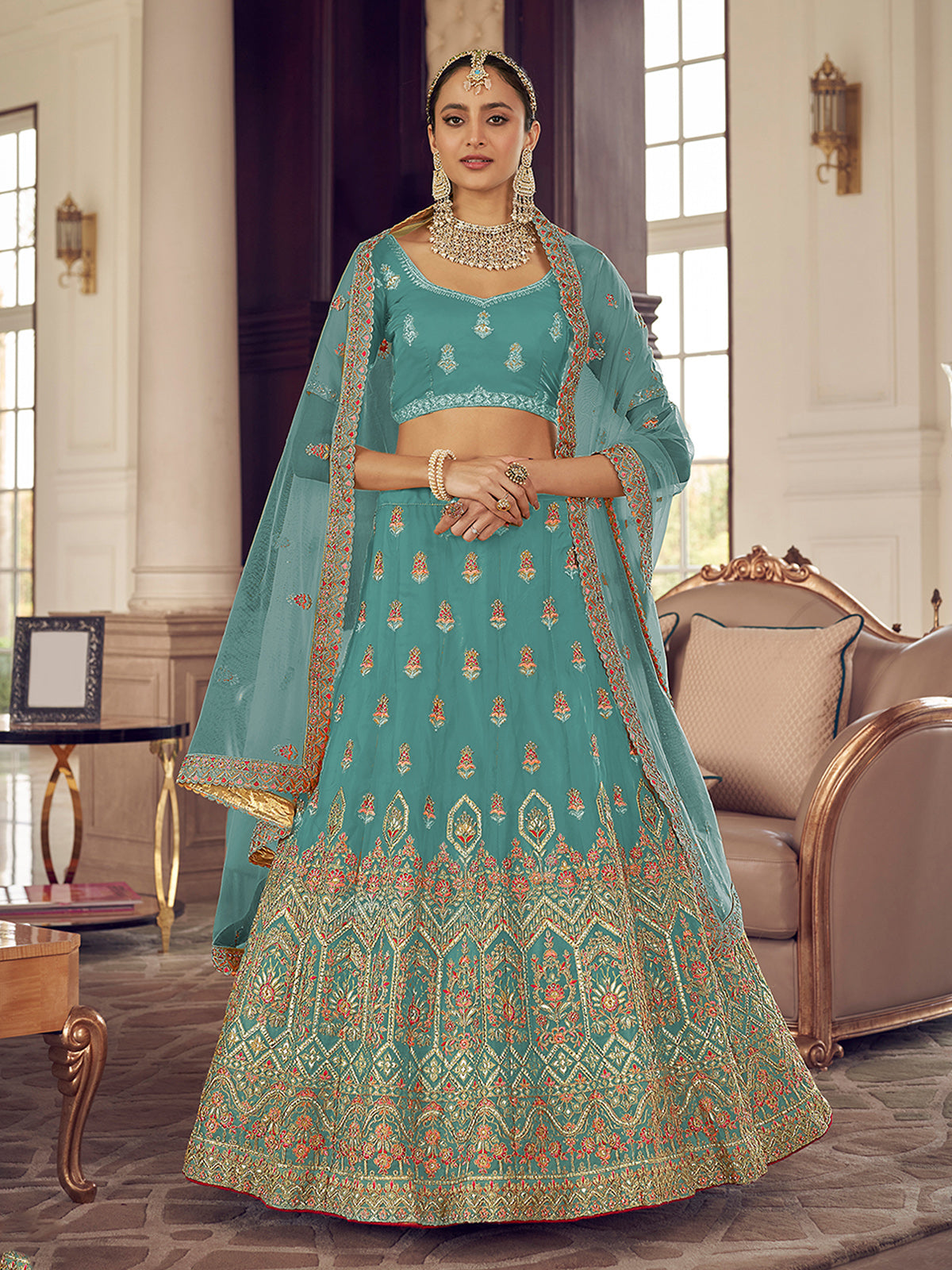 Light Blue Embroidered Organza Semi Stitched Lehenga With Unstitched Blouse