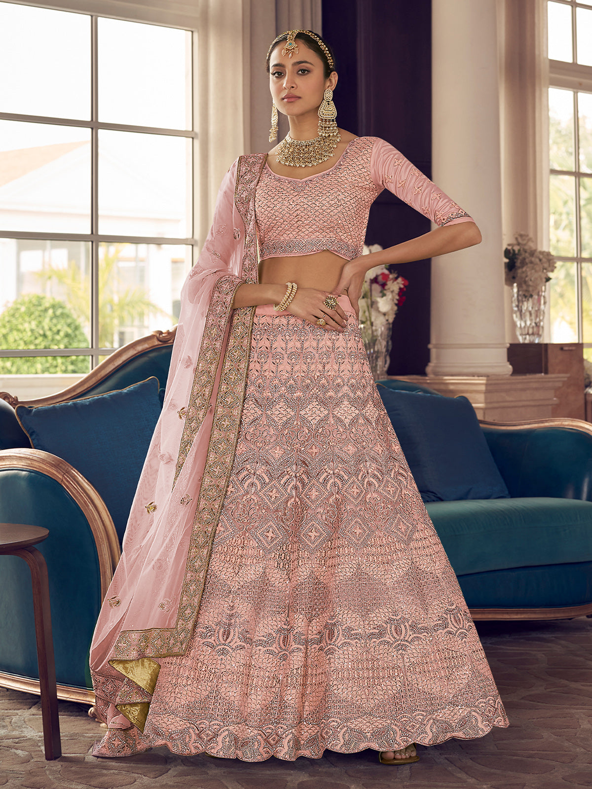 Peach Crepe Semi Stitched Lehenga With Unstitched Blouse