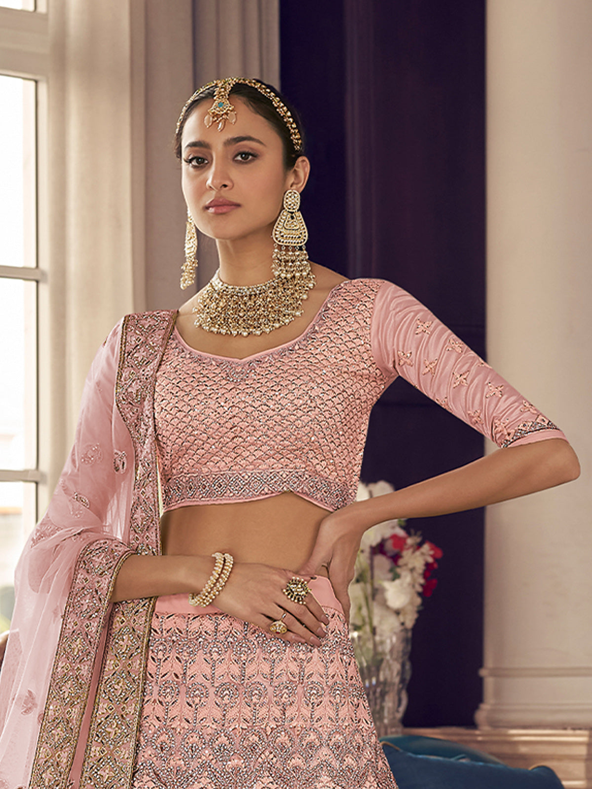Peach Crepe Semi Stitched Lehenga With Unstitched Blouse