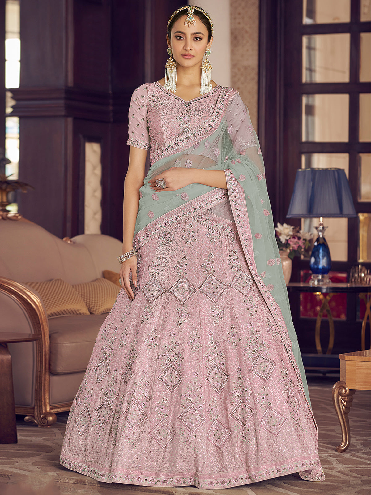 Pink Embroidered Semi Stitched Lehenga With Unstitched Blouse
