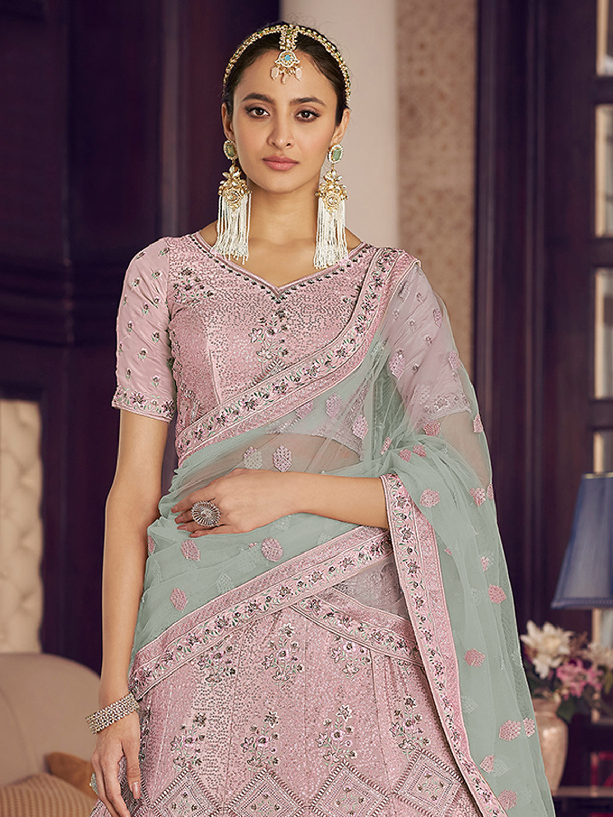 Pink Embroidered Semi Stitched Lehenga With Unstitched Blouse