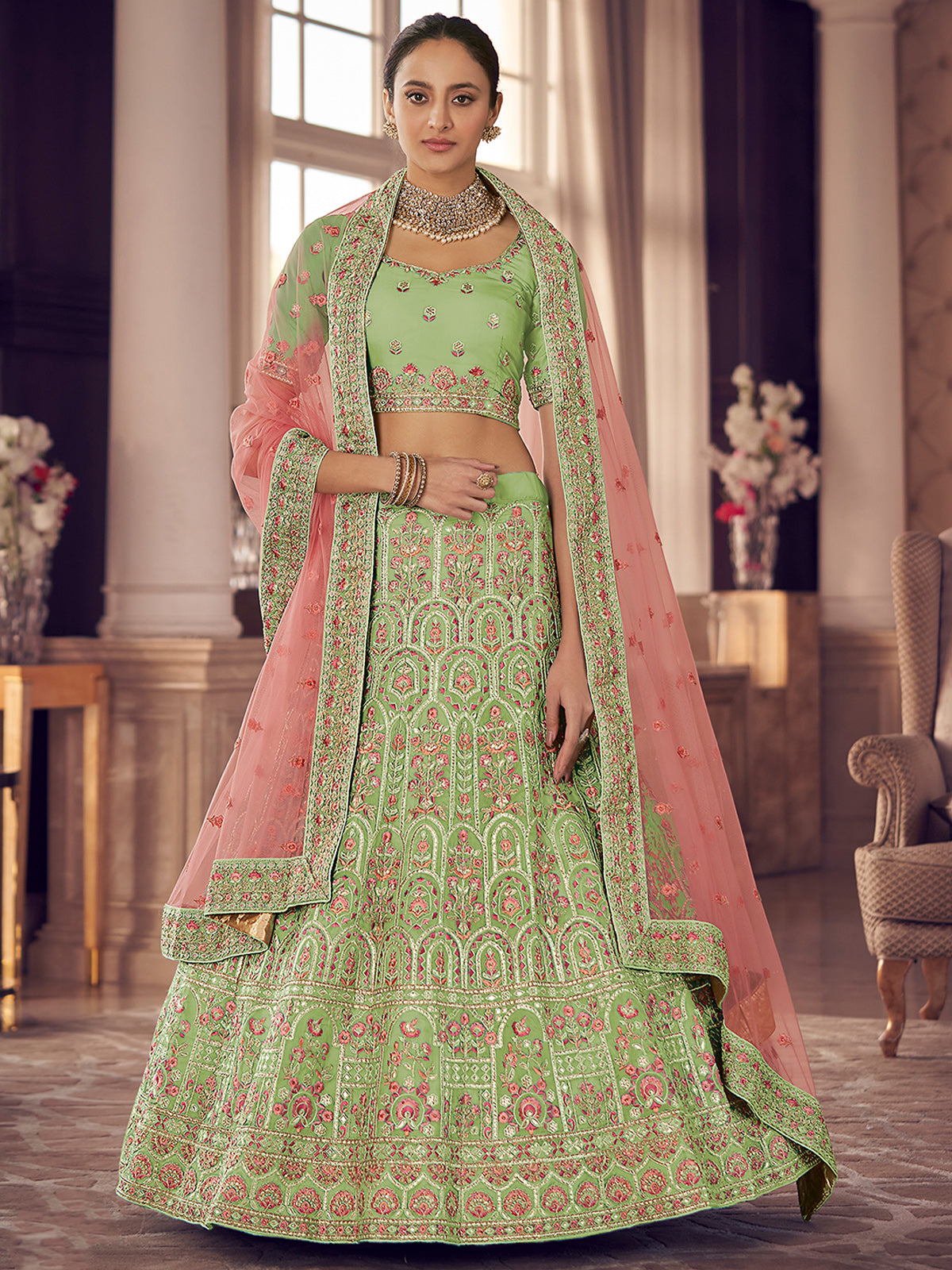 Green Embroidered Organza Semi Stitched Lehenga With Unstitched Blouse