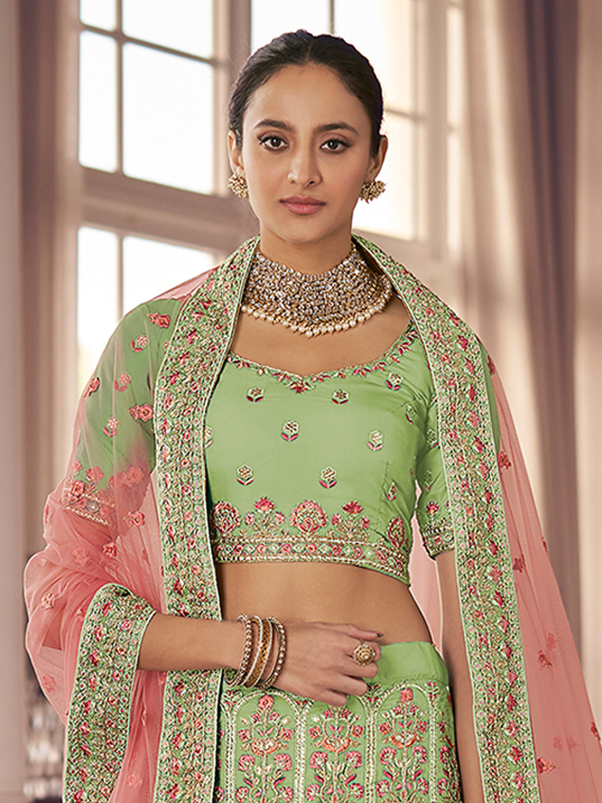 Green Embroidered Organza Semi Stitched Lehenga With Unstitched Blouse