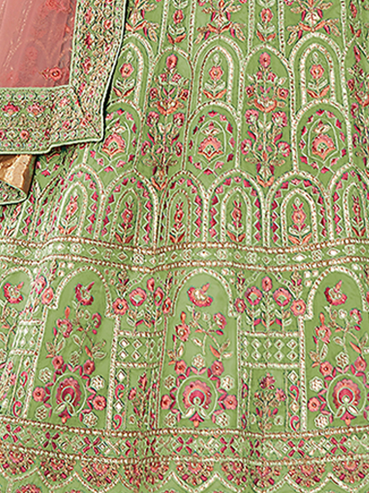 Green Embroidered Organza Semi Stitched Lehenga With Unstitched Blouse