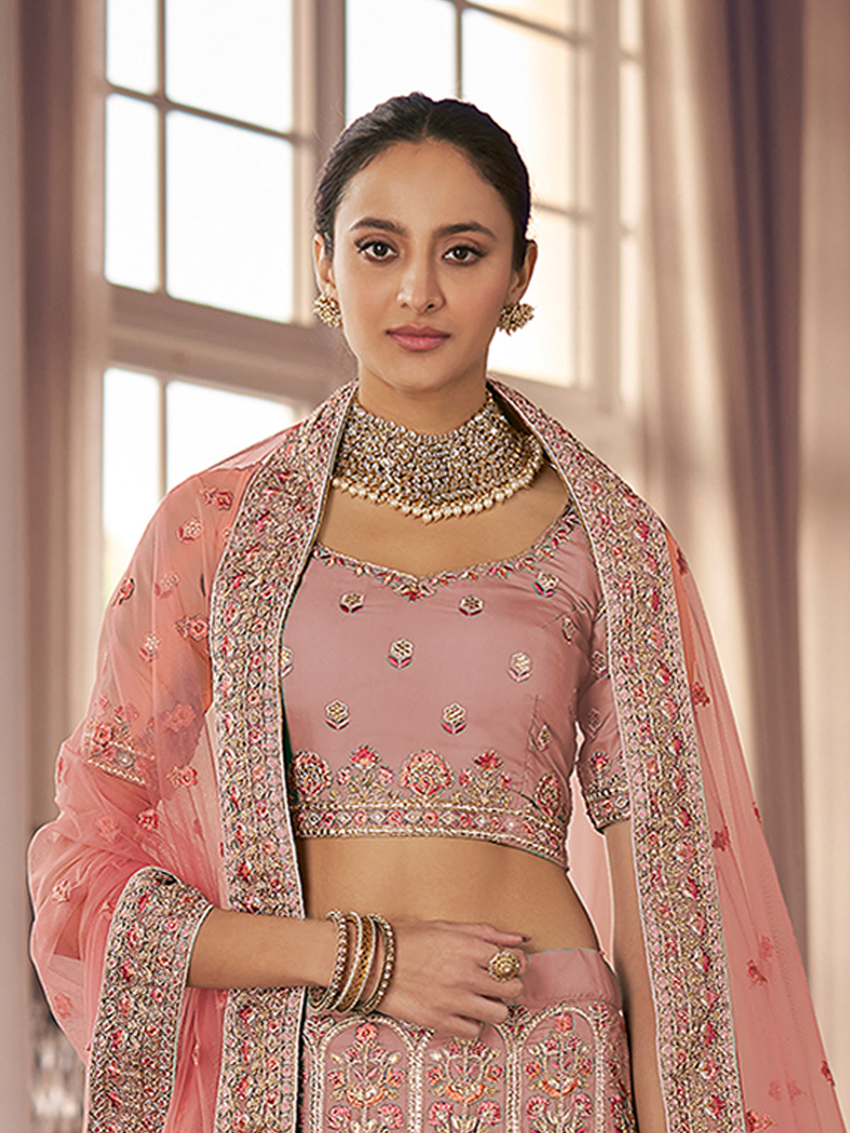 Peach Embroidered Organza Semi Stitched Lehenga With Unstitched Blouse