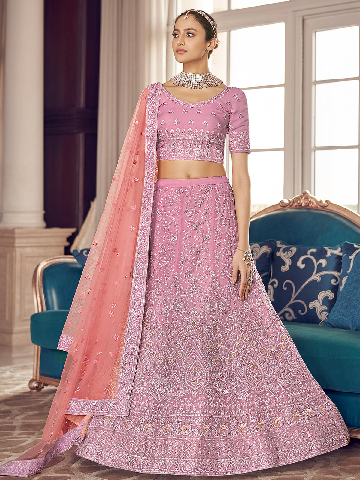 Pink Embroidered Organza Semi Stitched Lehenga With Unstitched Blouse