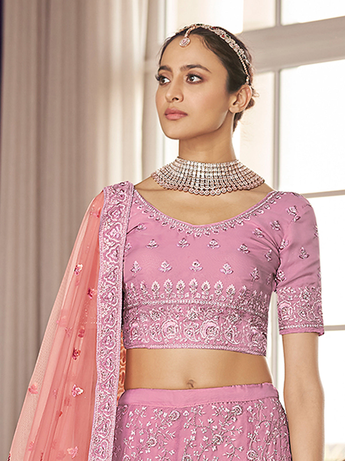 Pink Embroidered Organza Semi Stitched Lehenga With Unstitched Blouse