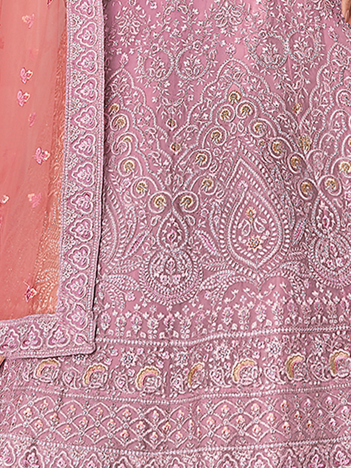 Pink Embroidered Organza Semi Stitched Lehenga With Unstitched Blouse
