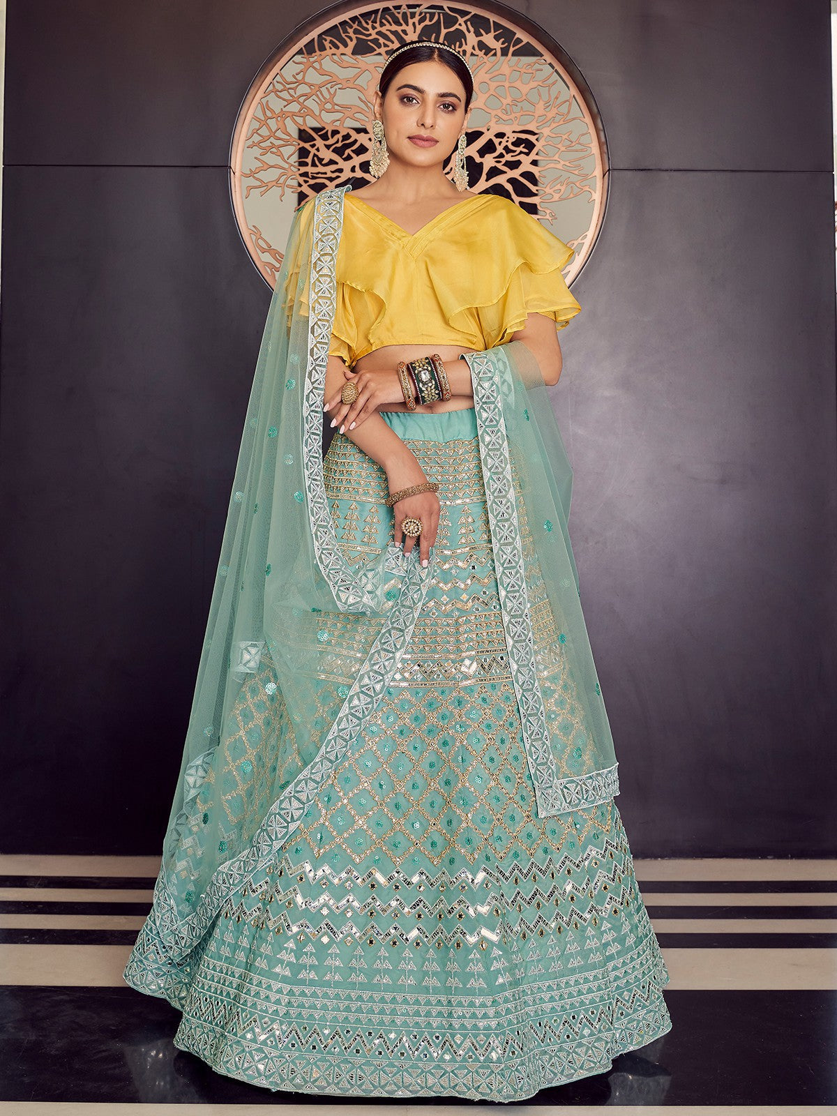 Sea Green Stunning Semi Stitched Lehenga With Unstitched Blouse