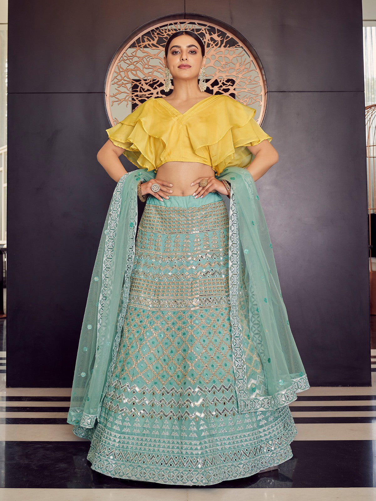 Sea Green Stunning Semi Stitched Lehenga With Unstitched Blouse