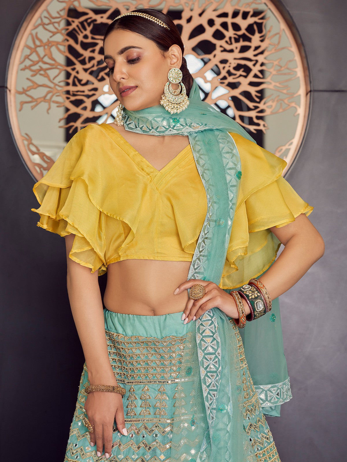 Sea Green Stunning Semi Stitched Lehenga With Unstitched Blouse
