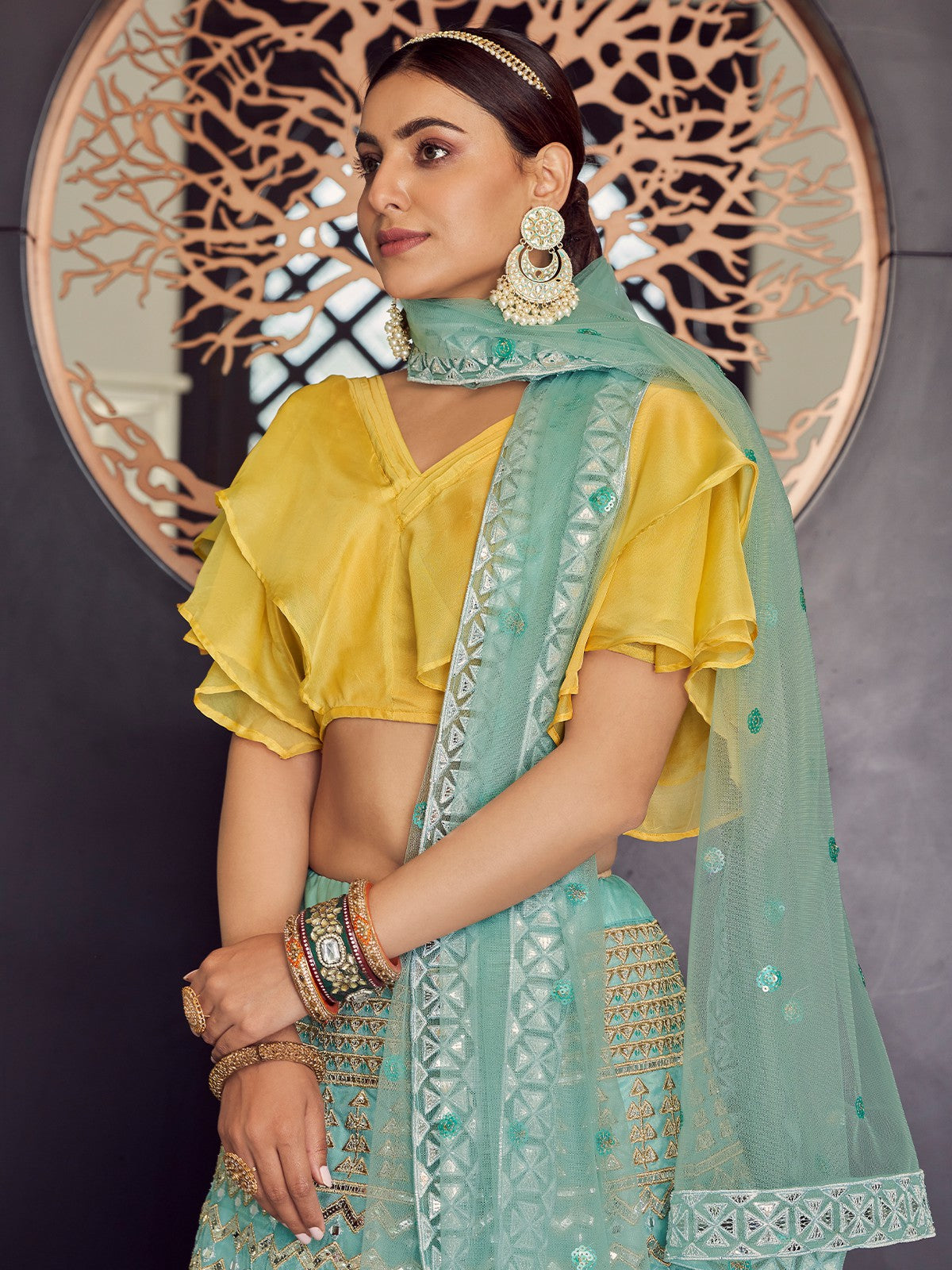 Sea Green Stunning Semi Stitched Lehenga With Unstitched Blouse