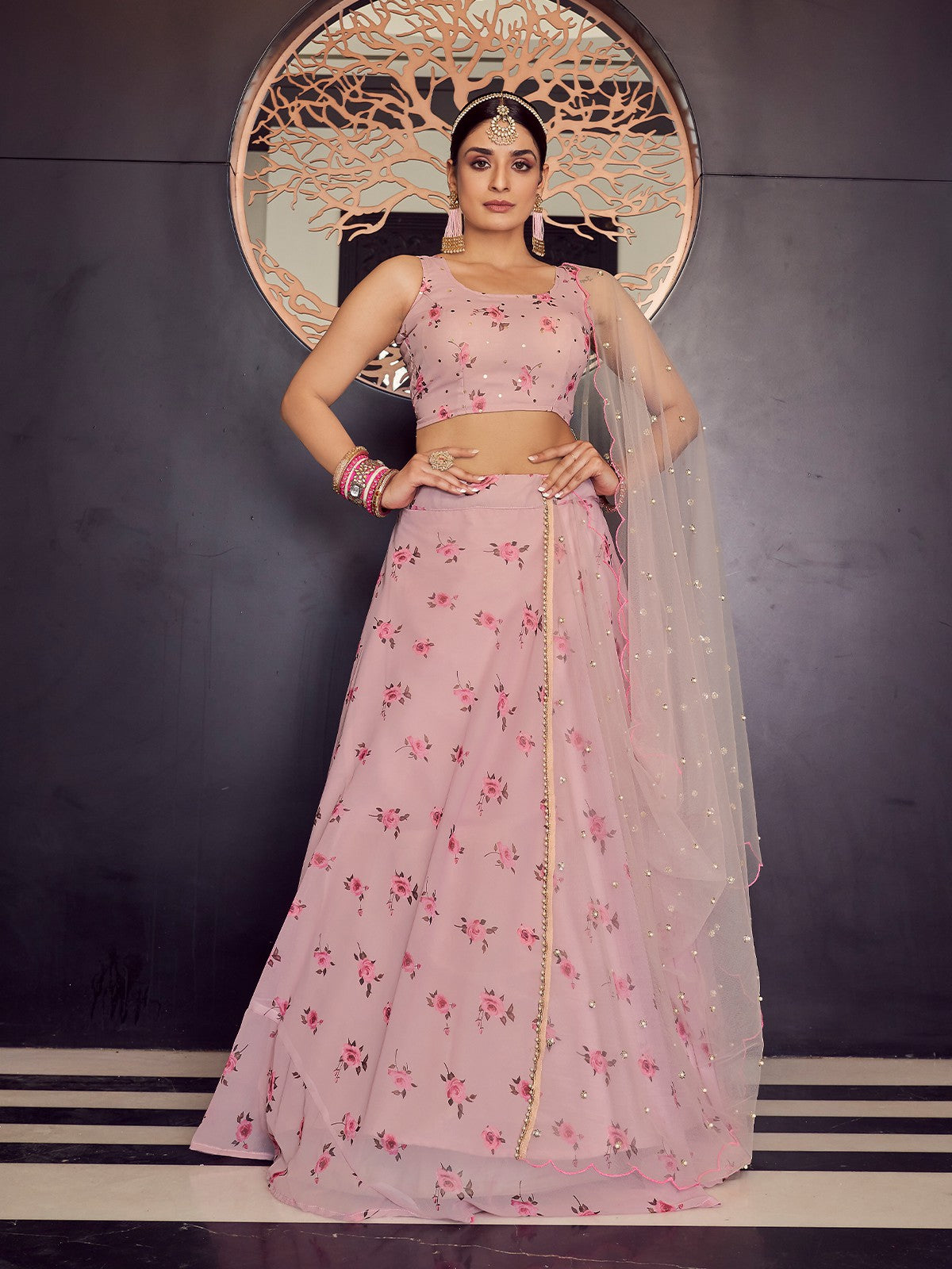 Designer Pink Semi Stitched Lehenga With Unstitched Blouse