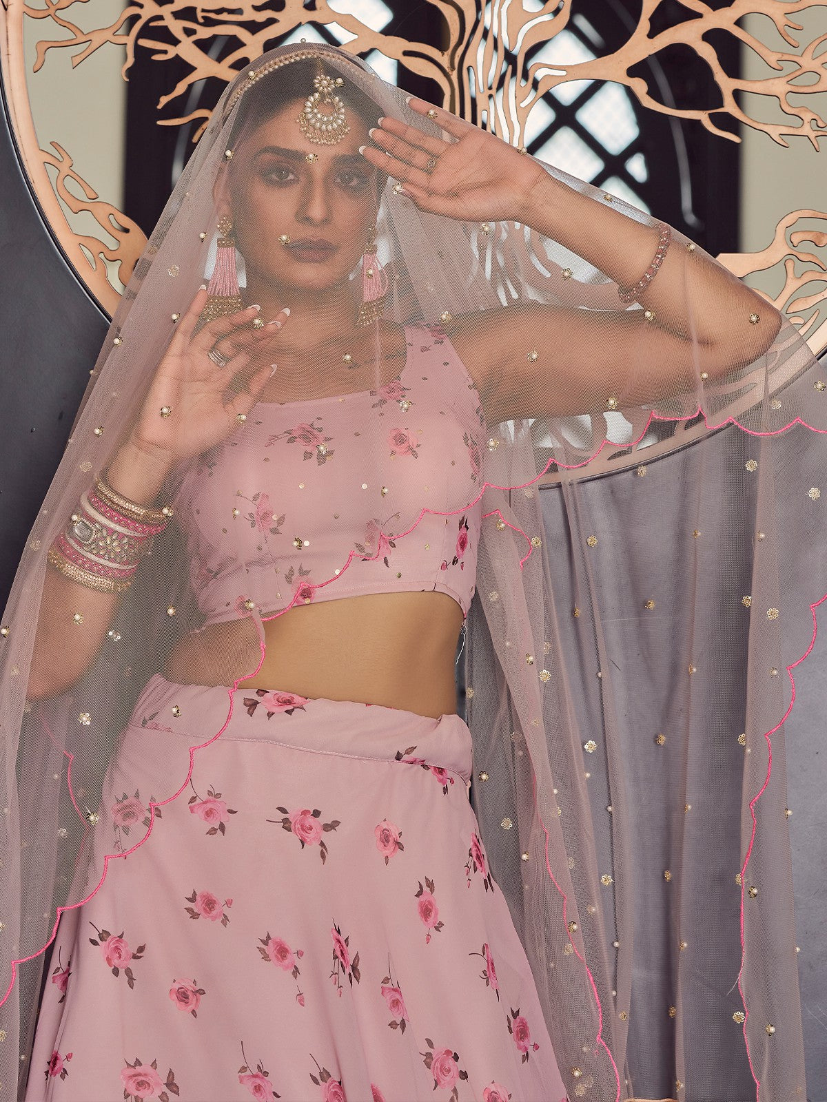 Designer Pink Semi Stitched Lehenga With Unstitched Blouse