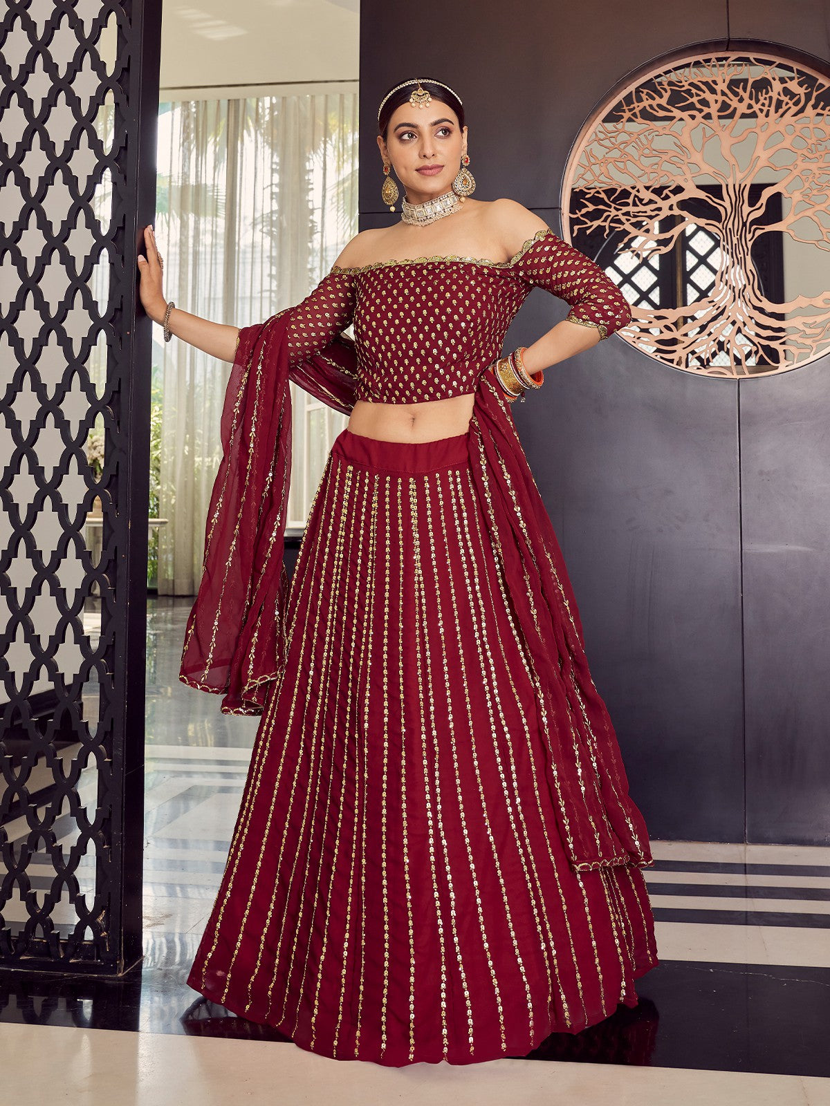 Georgette Maroon Semi Stitched Lehenga With Unstitched Blouse