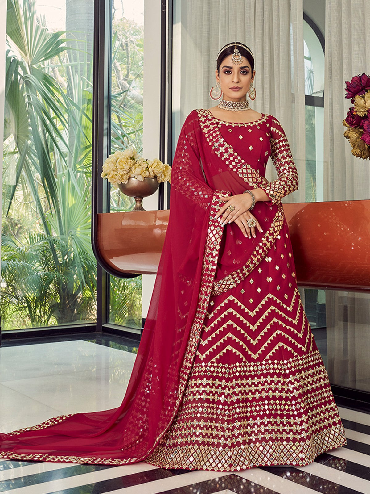 Red Elegant Semi Stitched Lehenga With Unstitched Blouse