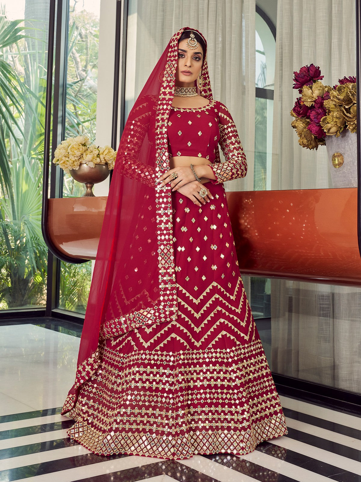 Red Elegant Semi Stitched Lehenga With Unstitched Blouse