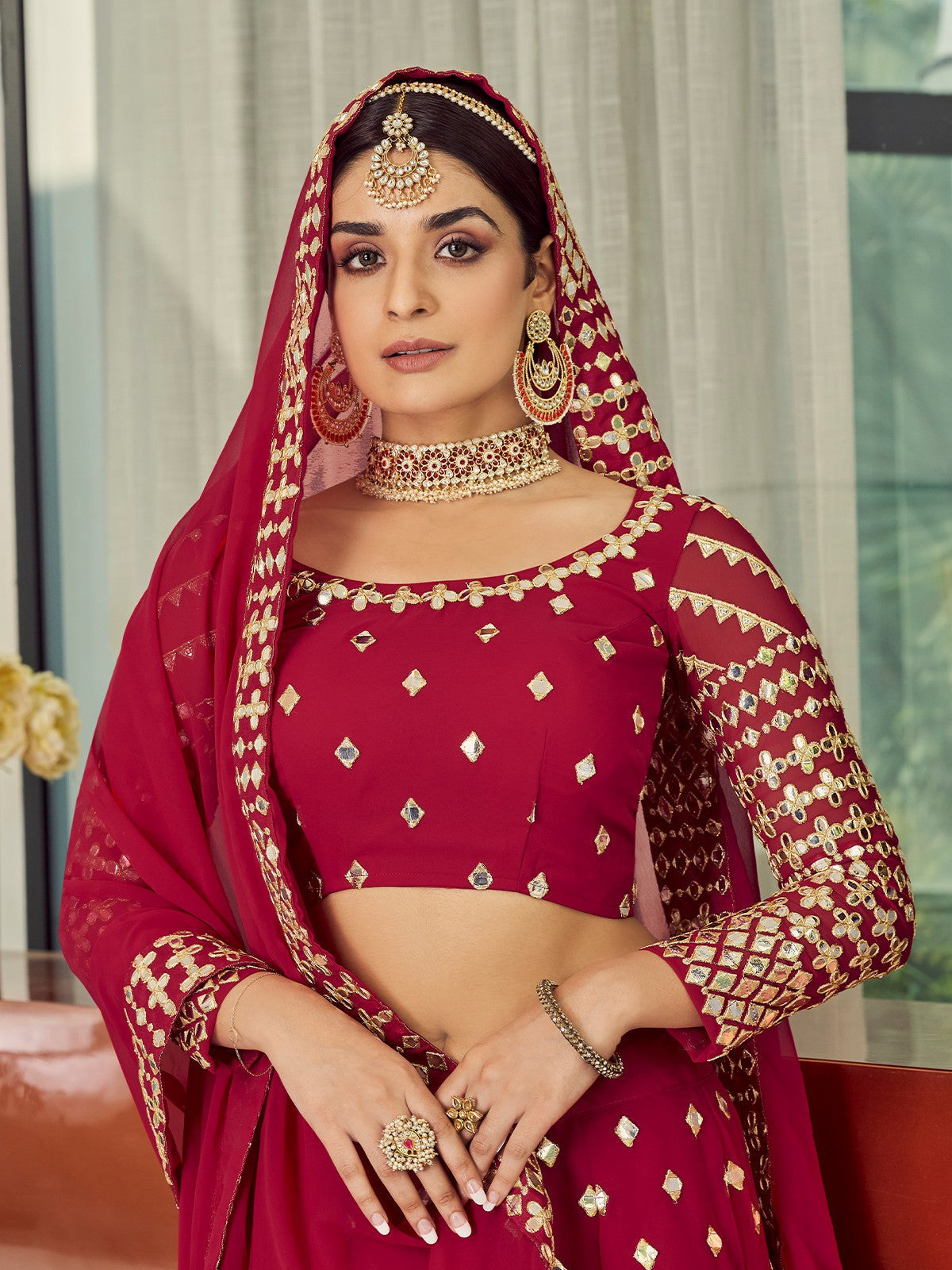 Red Elegant Semi Stitched Lehenga With Unstitched Blouse