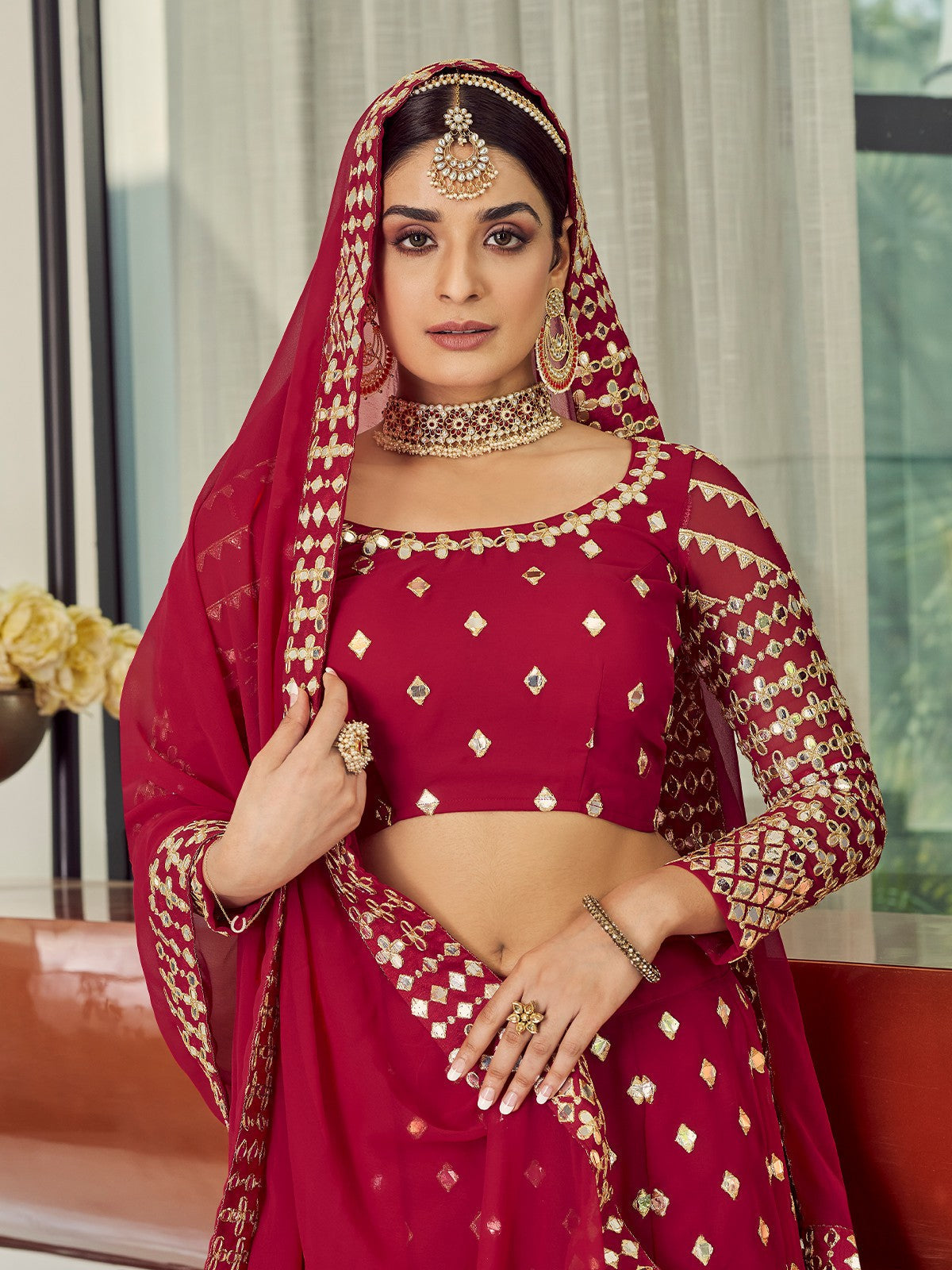 Red Elegant Semi Stitched Lehenga With Unstitched Blouse
